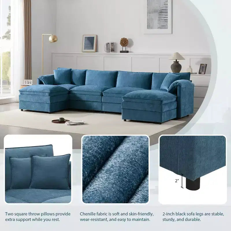 Canapé modulaire sectionnel en U 6 pièces en chenille Polibi avec deux poufs et des coussins à double couche