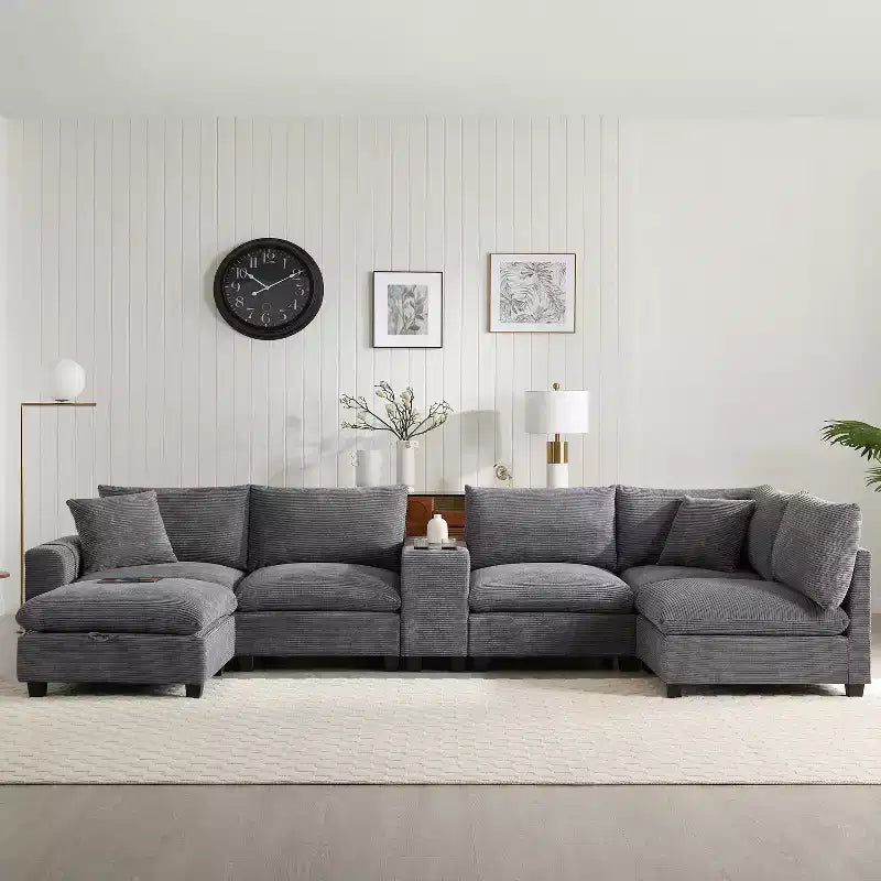 Canapé sectionnel modulaire en velours côtelé Polibi, multifonctionnel, surdimensionné, en U, 6 places, avec pouf de rangement
