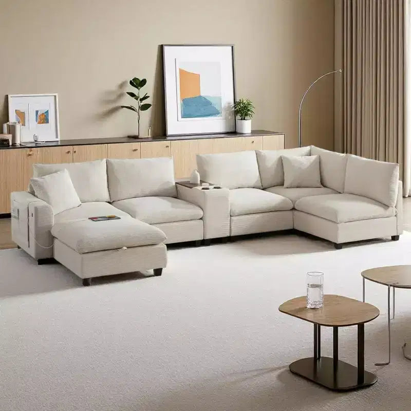 Canapé sectionnel modulaire en velours côtelé Polibi, multifonctionnel, surdimensionné, en U, 6 places, avec pouf de rangement
