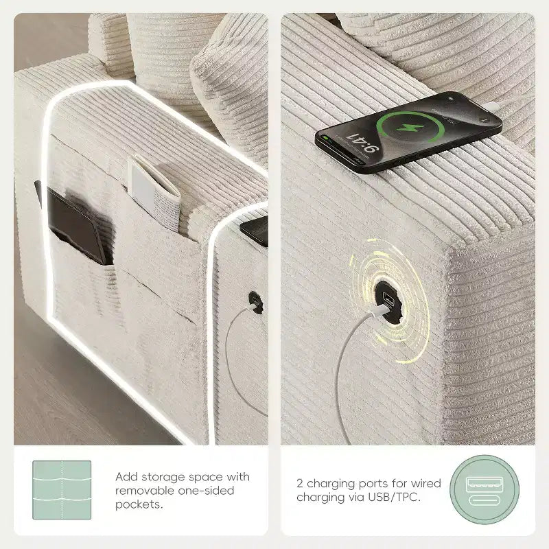Canapé sectionnel modulaire en velours côtelé Polibi, multifonctionnel, surdimensionné, en U, 6 places, avec pouf de rangement
