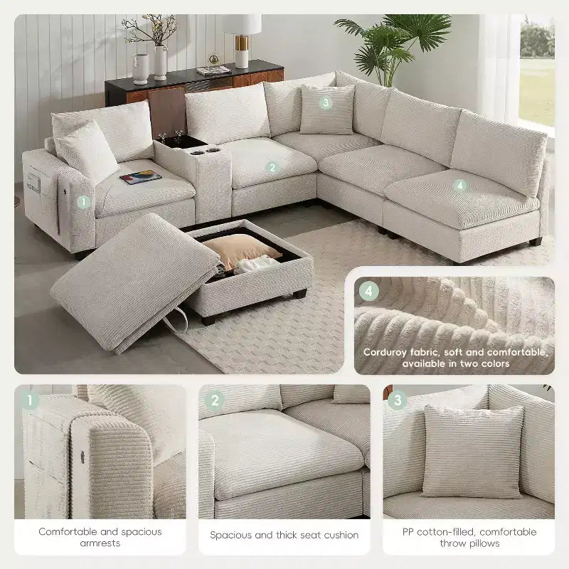 Canapé sectionnel modulaire en velours côtelé Polibi, multifonctionnel, surdimensionné, en U, 6 places, avec pouf de rangement