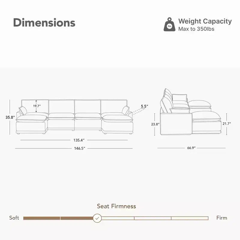 Canapé modulable surdimensionné Spruce & Spring pour salon, taupe-2PC+ottoman