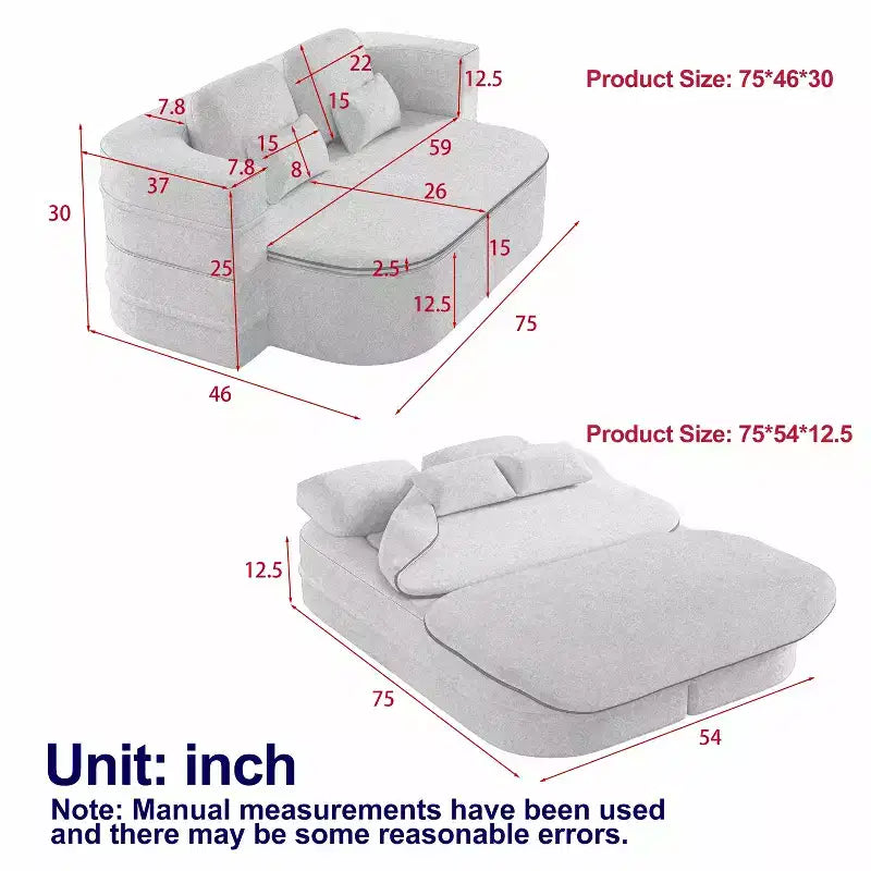 Canapé-lit pliable 2 en 1 de 75 pouces, canapé de sol convertible avec coussin en mousse et couverture multifonctionnelle pour salon, chambre à coucher ou studio