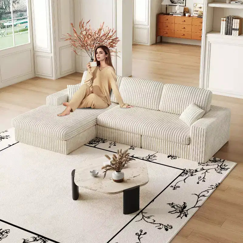 Canapé modulaire en velours côtelé en forme de L de 114,5 po avec fauteuil inclinable, canapé de sol convertible 2-en-1 avec coussins en mousse et oreillers de soutien cervical pour le salon