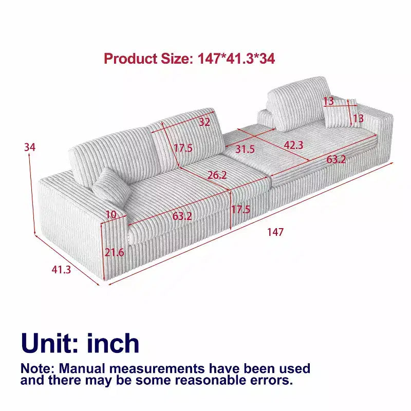 Canapé modulaire en velours côtelé en forme de L de 114,5 po avec fauteuil inclinable, canapé de sol convertible 2-en-1 avec coussins en mousse et oreillers de soutien cervical pour le salon