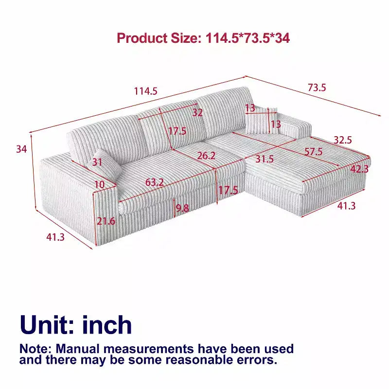 Canapé modulaire en velours côtelé en forme de L de 114,5 po avec fauteuil inclinable, canapé de sol convertible 2-en-1 avec coussins en mousse et oreillers de soutien cervical pour le salon