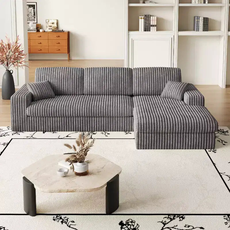 Canapé modulaire en velours côtelé en forme de L de 114,5 po avec fauteuil inclinable, canapé de sol convertible 2-en-1 avec coussins en mousse et oreillers de soutien cervical pour le salon