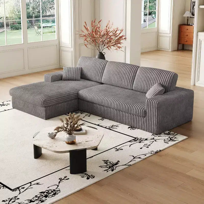 Canapé modulaire en velours côtelé en forme de L de 114,5 po avec fauteuil inclinable, canapé de sol convertible 2-en-1 avec coussins en mousse et oreillers de soutien cervical pour le salon