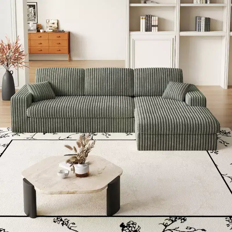 Canapé modulaire en velours côtelé en forme de L de 114,5 po avec fauteuil inclinable, canapé de sol convertible 2-en-1 avec coussins en mousse et oreillers de soutien cervical pour le salon
