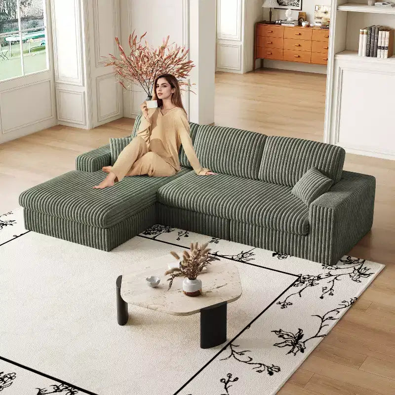 Canapé modulaire en velours côtelé en forme de L de 114,5 po avec fauteuil inclinable, canapé de sol convertible 2-en-1 avec coussins en mousse et oreillers de soutien cervical pour le salon