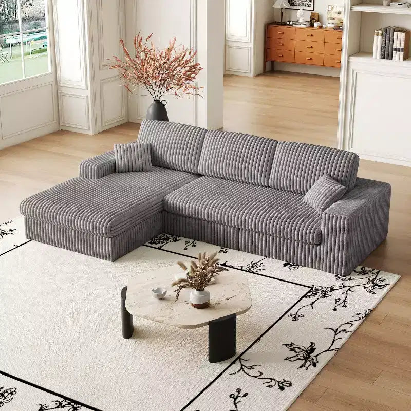 Canapé modulaire en velours côtelé en forme de L de 114,5 po avec fauteuil inclinable, canapé de sol convertible 2-en-1 avec coussins en mousse et oreillers de soutien cervical pour le salon