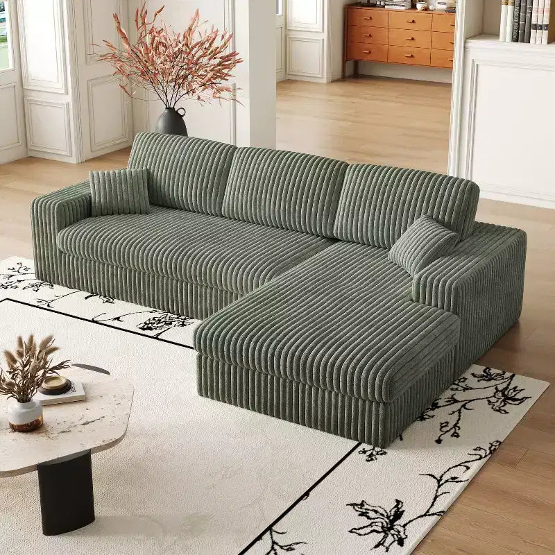 Canapé modulaire en velours côtelé en forme de L de 114,5 po avec fauteuil inclinable, canapé de sol convertible 2-en-1 avec coussins en mousse et oreillers de soutien cervical pour le salon