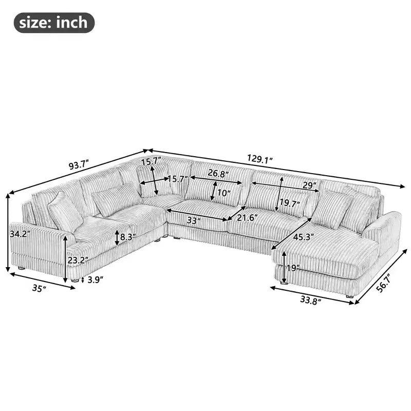 Canapé sectionnel surdimensionné en U Polibi, avec revêtement en velours côtelé douillet