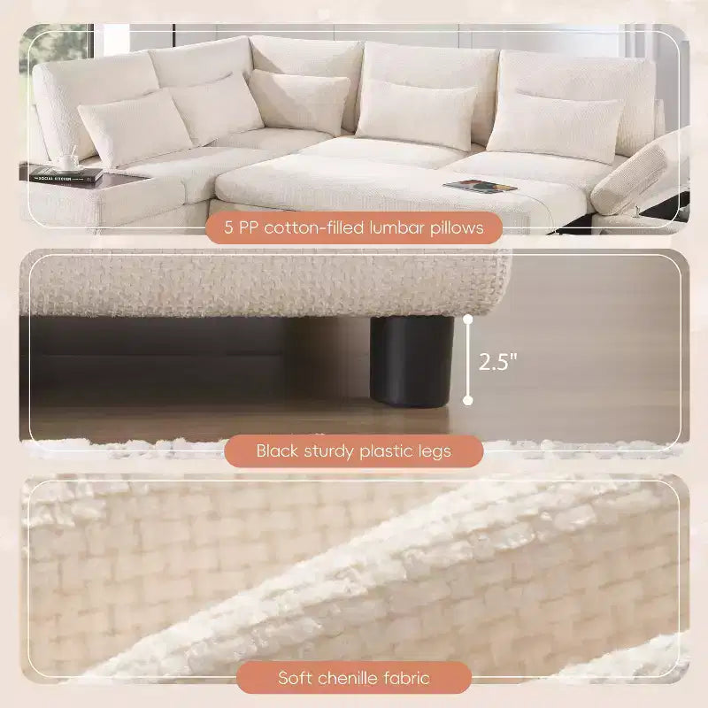 Canapé d'angle modulaire surdimensionné en chenille Polibi avec lit gigogne