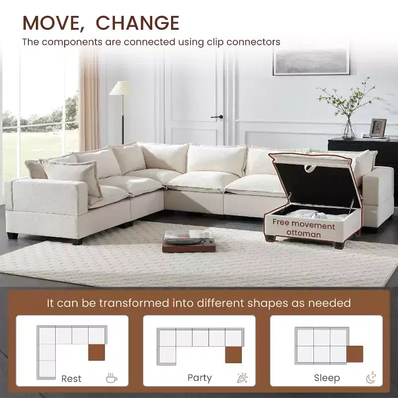 Canapé modulable en U surdimensionné à 7 places Polibi avec pouf de rangement