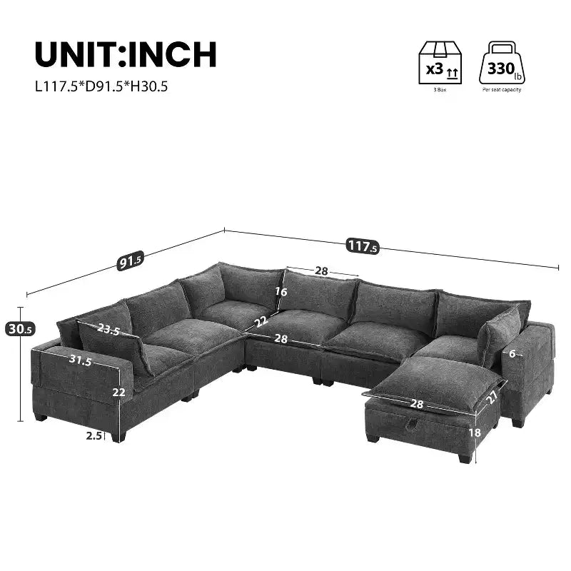 Canapé modulable en U surdimensionné à 7 places Polibi avec pouf de rangement