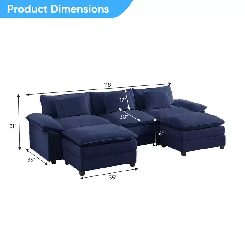 Mjkone Canapé modulaire sectionnel en forme de U de 118 pouces, canapé-lit nuage en chenille à 5 places avec ottomans et coussin épaissi