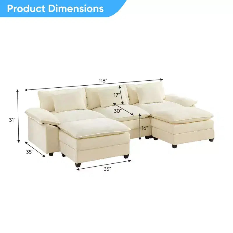 Mjkone Canapé modulaire sectionnel en forme de U de 118 pouces, canapé-lit nuage en chenille à 5 places avec ottomans et coussin épaissi