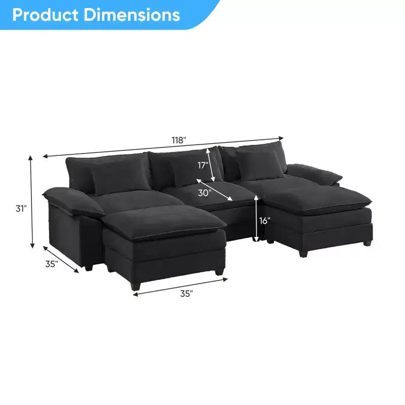 Mjkone Canapé modulaire sectionnel en forme de U de 118 pouces, canapé-lit nuage en chenille à 5 places avec ottomans et coussin épaissi