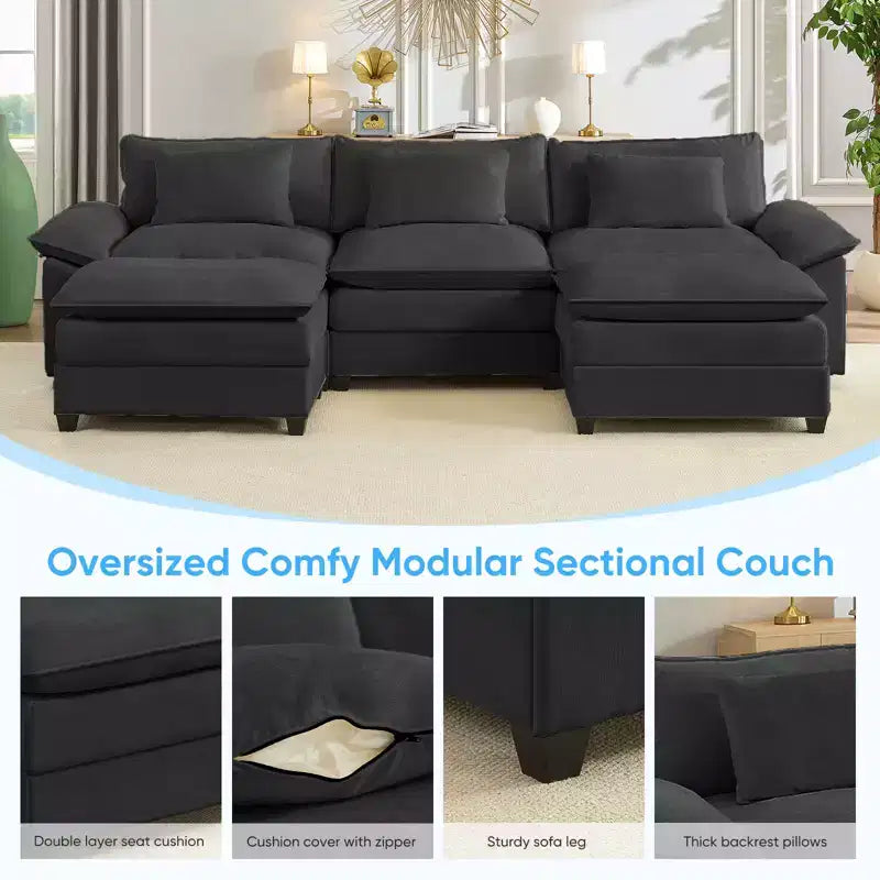 Mjkone Canapé modulaire sectionnel en forme de U de 118 pouces, canapé-lit nuage en chenille à 5 places avec ottomans et coussin épaissi