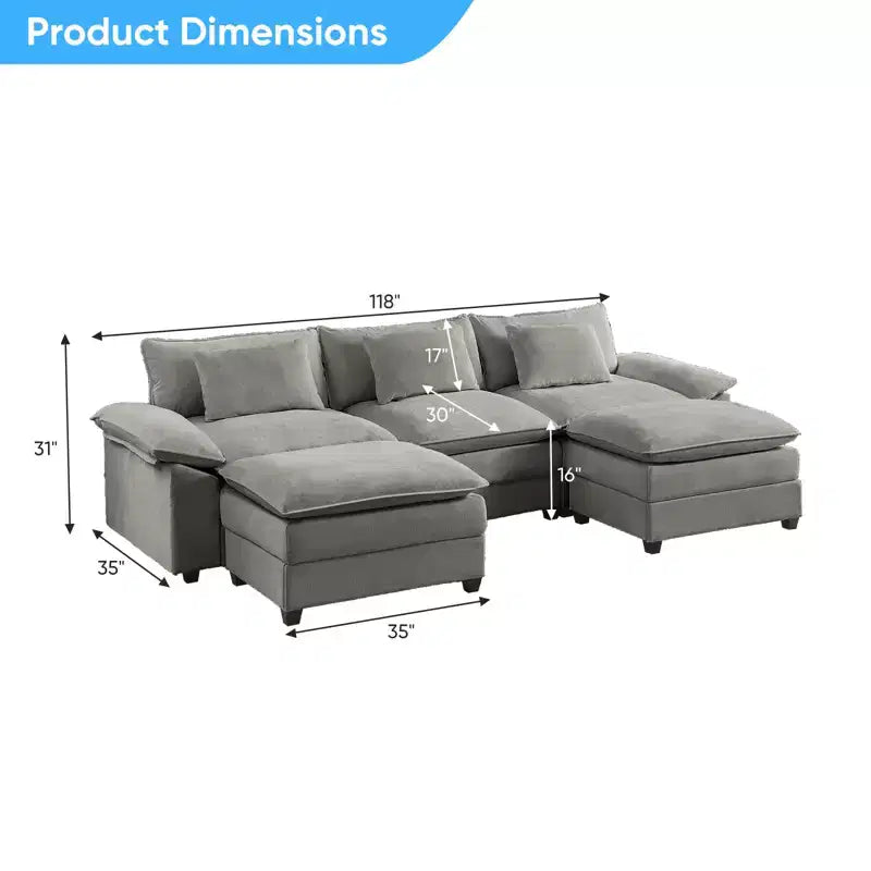 Mjkone Canapé modulaire sectionnel en forme de U de 118 pouces, canapé-lit nuage en chenille à 5 places avec ottomans et coussin épaissi