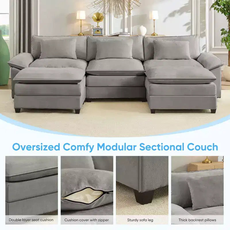 Mjkone Canapé modulaire sectionnel en forme de U de 118 pouces, canapé-lit nuage en chenille à 5 places avec ottomans et coussin épaissi