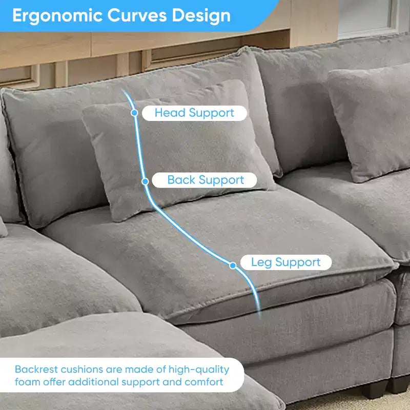 Mjkone Canapé modulaire sectionnel en forme de U de 118 pouces, canapé-lit nuage en chenille à 5 places avec ottomans et coussin épaissi