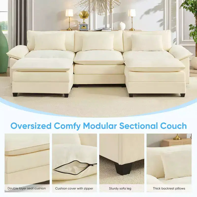 Mjkone Canapé modulaire sectionnel en forme de U de 118 pouces, canapé-lit nuage en chenille à 5 places avec ottomans et coussin épaissi