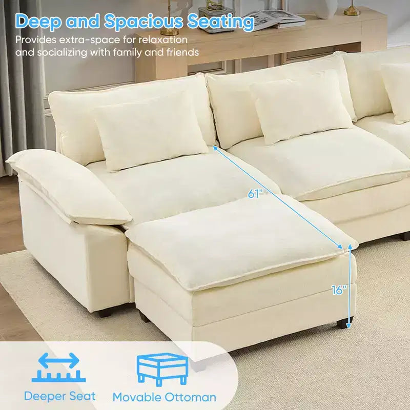 Mjkone Canapé modulaire sectionnel en forme de U de 118 pouces, canapé-lit nuage en chenille à 5 places avec ottomans et coussin épaissi