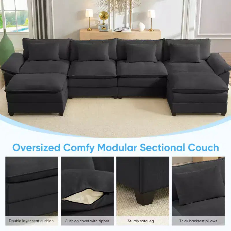 Mjkone Canapé modulaire surdimensionné de 396 cm, en forme de U avec 2 poufs, canapé 6 places en chenille avec assise profonde