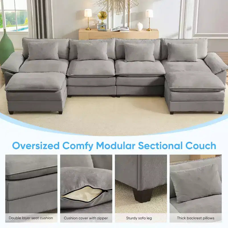 Mjkone Canapé modulaire surdimensionné de 396 cm, en forme de U avec 2 poufs, canapé 6 places en chenille avec assise profonde