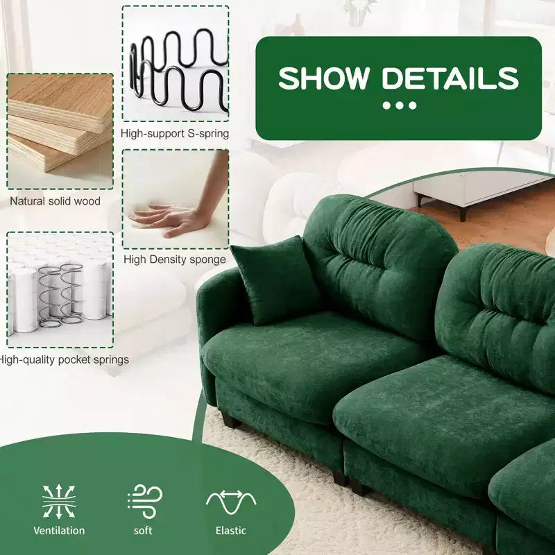 Canapé sectionnel modulaire 107 places beige en tissu chenille doux, mousse haute densité, base en bois de haute qualité pour salons