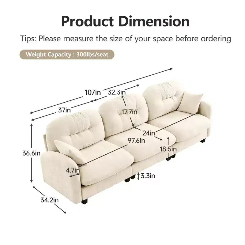 Canapé sectionnel modulaire 107 places beige en tissu chenille doux, mousse haute densité, base en bois de haute qualité pour salons