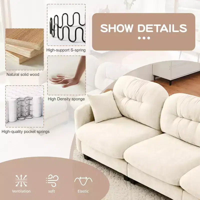 Canapé sectionnel modulaire 107 places beige en tissu chenille doux, mousse haute densité, base en bois de haute qualité pour salons