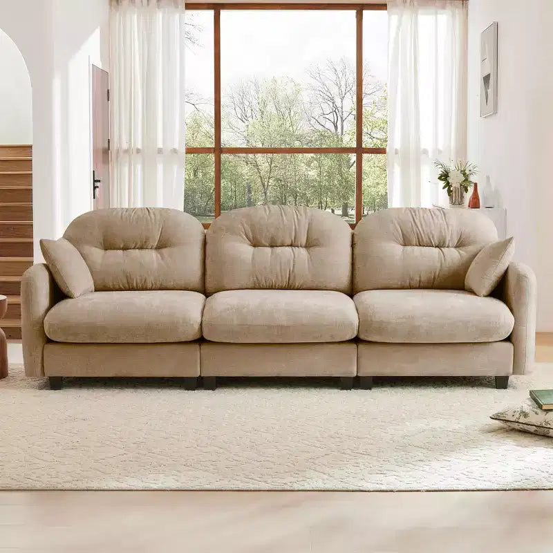 Canapé sectionnel modulaire 107 places beige en tissu chenille doux, mousse haute densité, base en bois de haute qualité pour salons