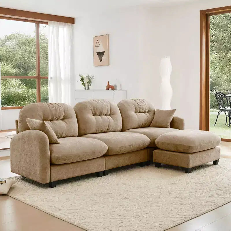 Canapé modulable 3 places beige en tissu chenille en forme de L avec pouf pour salons