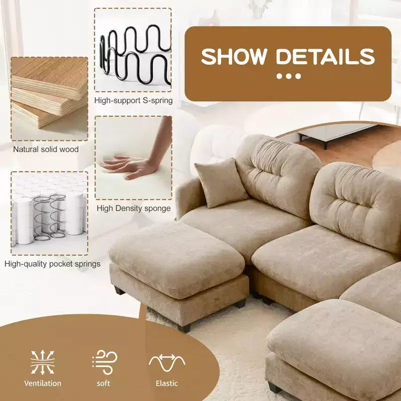 Canapé d'angle modulable 3 places en chenille beige en forme de U avec 2 poufs et 2 coussins décoratifs pour le salon