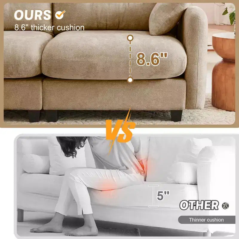 Canapé d'angle modulable 3 places en chenille beige en forme de U avec 2 poufs et 2 coussins décoratifs pour le salon