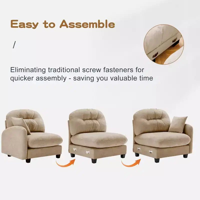 Canapé d'angle modulable 3 places en chenille beige en forme de U avec 2 poufs et 2 coussins décoratifs pour le salon
