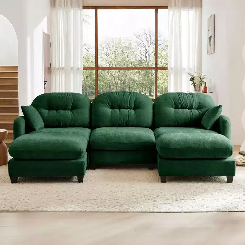 Canapé d'angle modulable 3 places en chenille beige en forme de U avec 2 poufs et 2 coussins décoratifs pour le salon