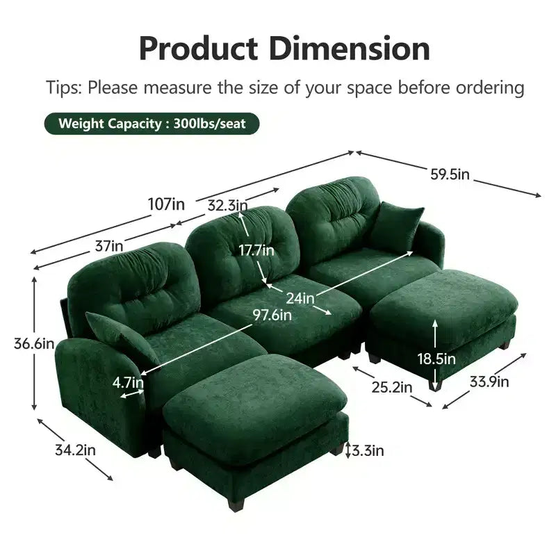 Canapé d'angle modulable 3 places en chenille beige en forme de U avec 2 poufs et 2 coussins décoratifs pour le salon