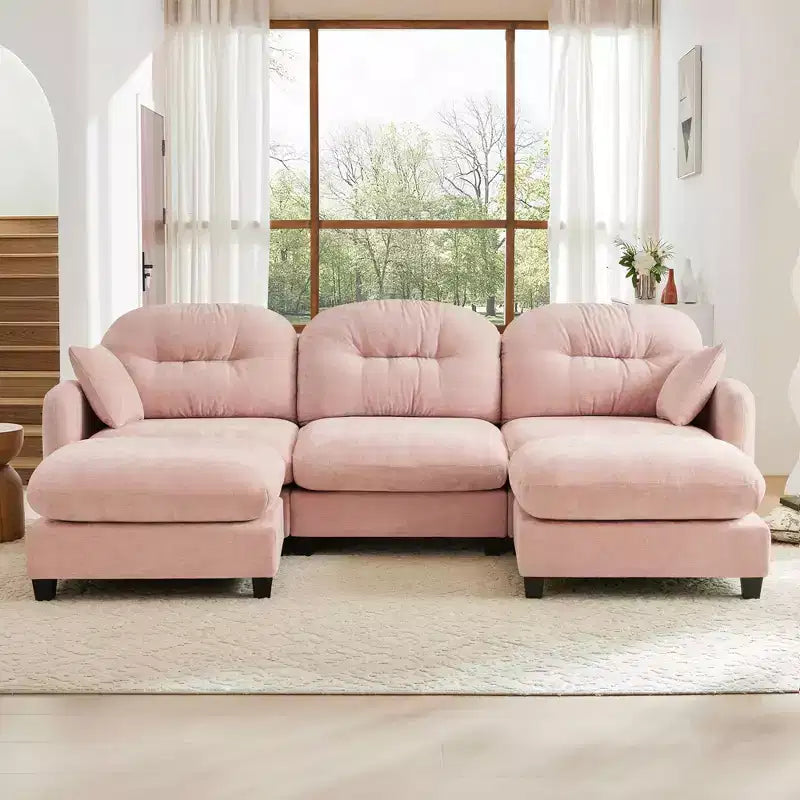 Canapé d'angle modulable 3 places en chenille beige en forme de U avec 2 poufs et 2 coussins décoratifs pour le salon