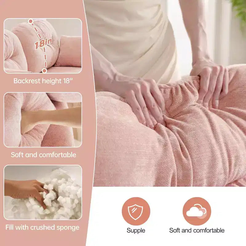 Canapé d'angle modulable 3 places en chenille beige en forme de U avec 2 poufs et 2 coussins décoratifs pour le salon
