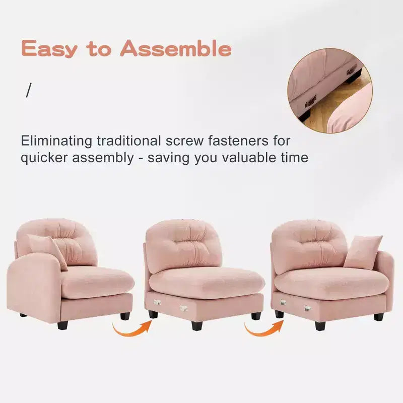 Canapé d'angle modulable 3 places en chenille beige en forme de U avec 2 poufs et 2 coussins décoratifs pour le salon