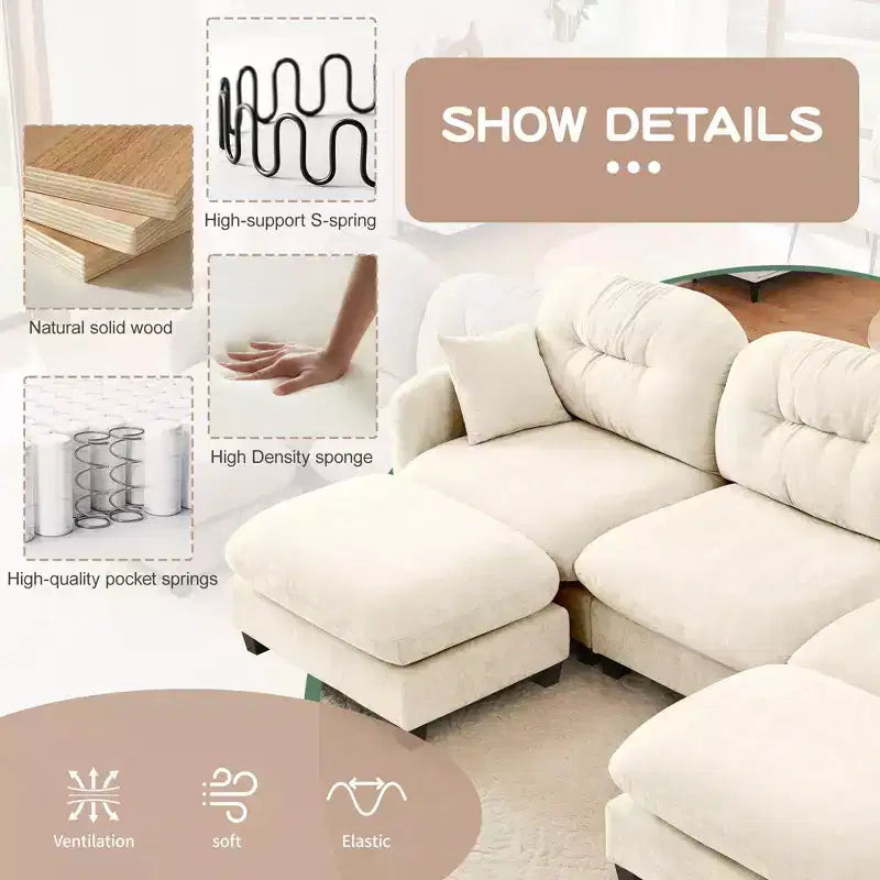 Canapé d'angle modulable 3 places en chenille beige en forme de U avec 2 poufs et 2 coussins décoratifs pour le salon