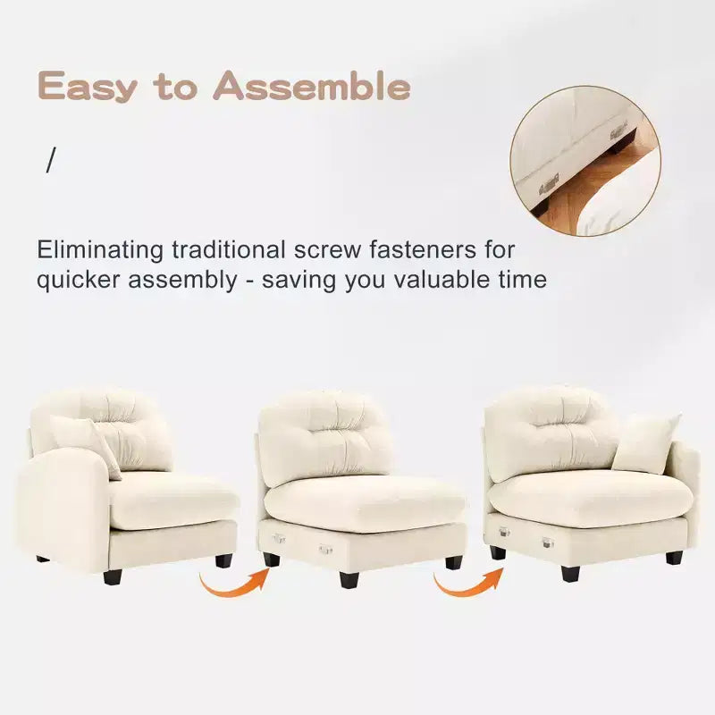 Canapé d'angle modulable 3 places en chenille beige en forme de U avec 2 poufs et 2 coussins décoratifs pour le salon