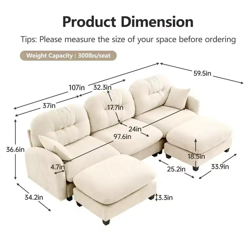 Canapé d'angle modulable 3 places en chenille beige en forme de U avec 2 poufs et 2 coussins décoratifs pour le salon