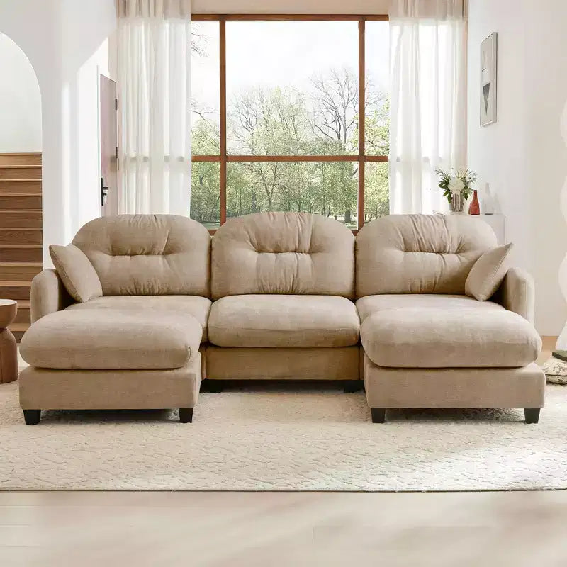 Canapé d'angle modulable 3 places en chenille beige en forme de U avec 2 poufs et 2 coussins décoratifs pour le salon
