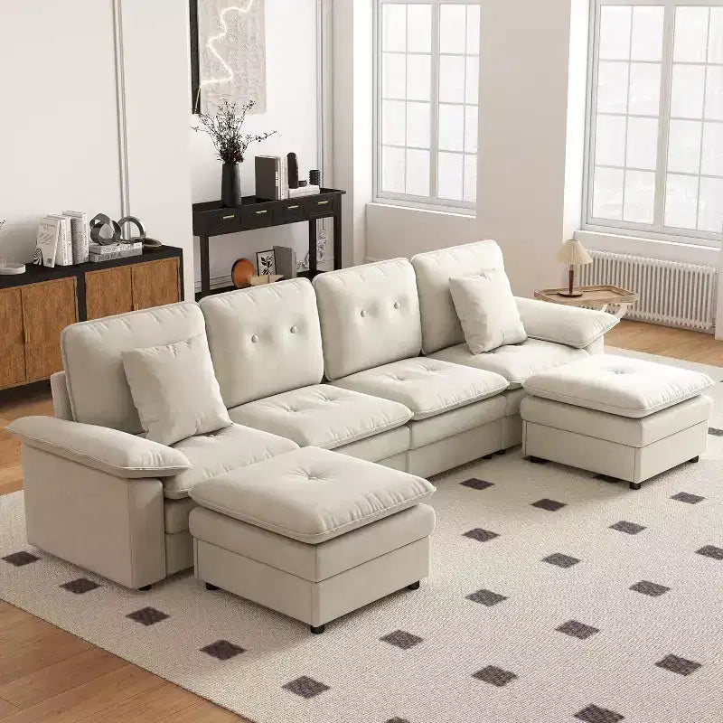 Kinsuite 6-Seat Sectional Sofa - 117 L Modern Couch with 2 Ottomans, Beige