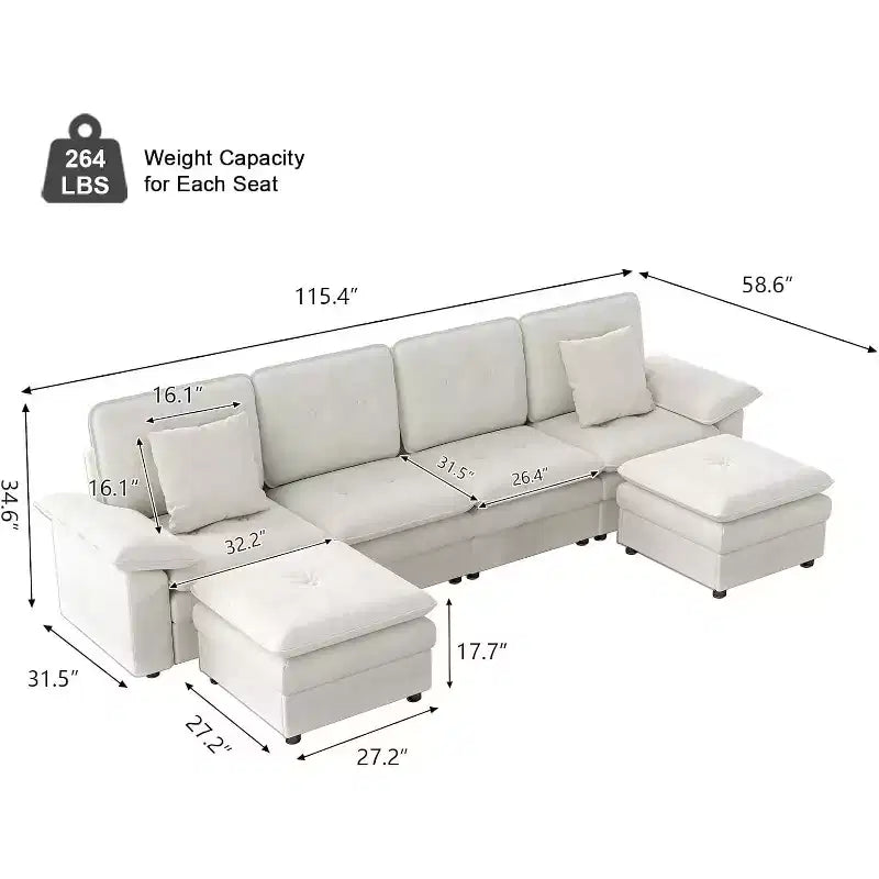 Kinsuite Canapé d'angle 6 places - Canapé moderne 117 L avec 2 poufs, Beige